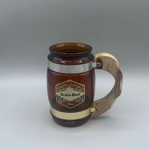 Vintage 1960s Grain Belt Beer Amber Glass Mug Wood Handle Fiesta Ware